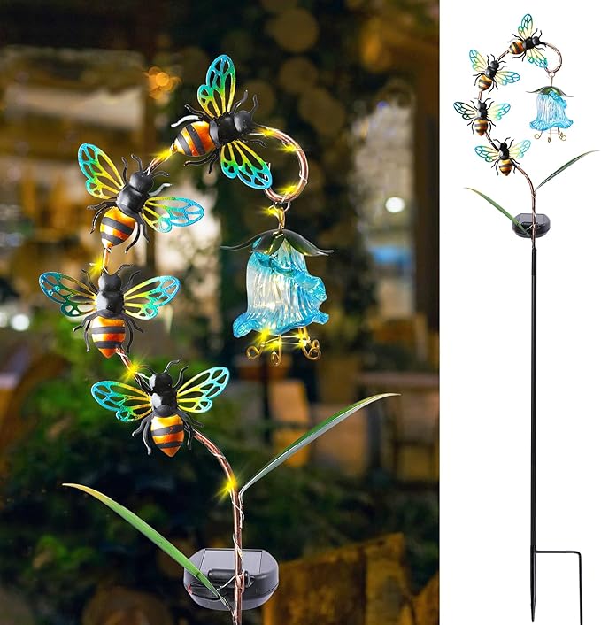 Bshine Solar Flower Outdoor Waterproof Bee Lights, Garden Decorative Metal Stake Bee Hanging Flower, Yard Decorations Outdoor Patio, Courtyard, Pathway and Lawn Ornaments, Housewarming Gift