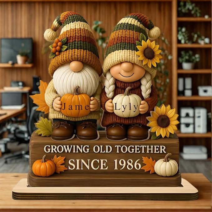 Personalized Growing Old Together Since Gnome Figurines Plaque, Custom Gnome Couple Wood Standing Plaque, Gift for Couples and Grandparents