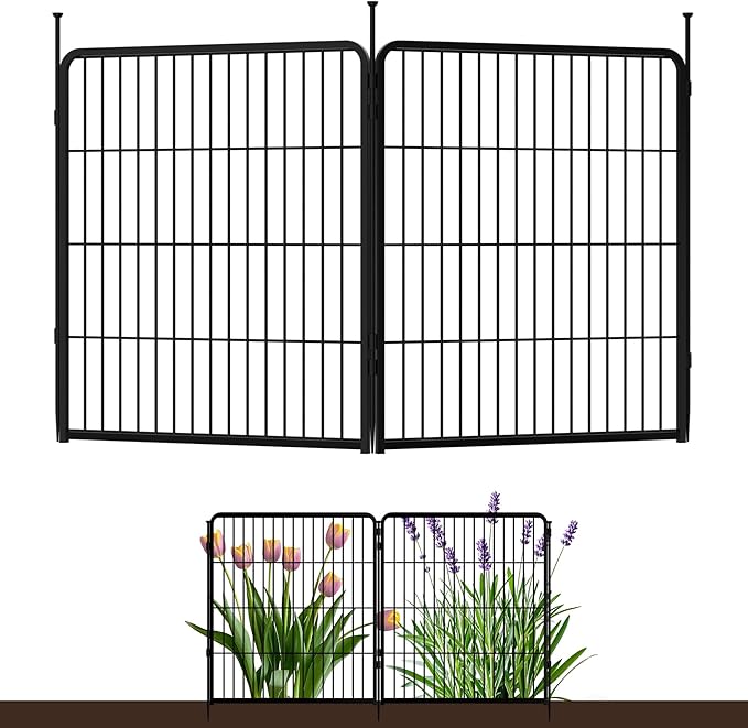 SunsGrove Garden Fence 32 in(H) x 4.5 ft(L) 2 Panels, Heavy Duty Metal Animal Barrier Fence for Dogs, Easy No-Dig Setup, Decorative Dog Fences, Black