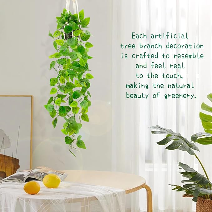 Fake Pothos in Rope - Hanging Pot, Artificial Pothos Plants for Home Decor Indoor Macrame Plant Hanger with Faux Vine Hanging Planter Greenery for Bedroom Bathroom Kitchen Office Decor