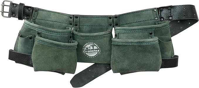 Graintex DS2415 :: 9 Pocket Children Tool Belt Hunter Green Color Suede Leather, Kids Real Tool Belt, Boys and Girls Tool Apron for Home Improvement, 1.1/2" Leather Belt, Hammer Loops
