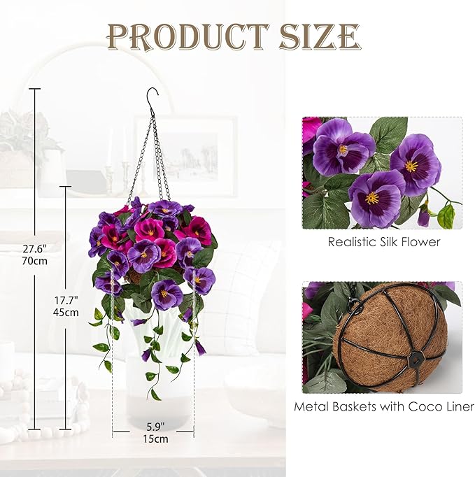 Briful Small Fake Flowers Hanging Basket, Pansy Artificial Flowers, Realistic Silk Spring Bloom Faux Flowers, 5 ⅞’’ Coconut Basket, for Home Farmhouse Balcony Outdoor Patio Garden Decor