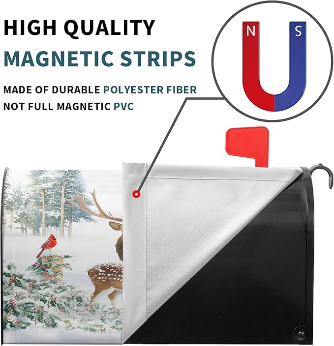 Winter Deer Mailbox Cover Magnetic- Christmas Reindeer Moose Elk Mailbox Wrap- Large Size 25.5x21 Inch Waterproof Letter Post Cover for Garden Yard Outdoor Farmhouse Decor