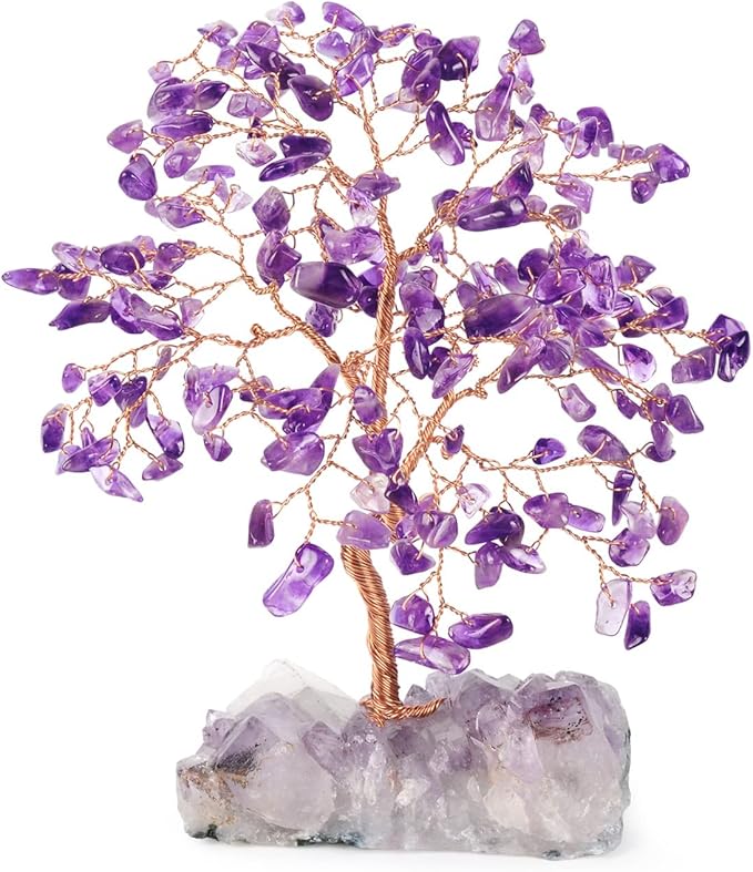 Handmade Chakra Gemstone Crystal Tree of Life,Natural Amethyst with Amethyst Cluster Base,Bonsai Feng Shui Decor Money Tree,Healing Crystals Positive Energy Gift Size 5.5"-6.3"