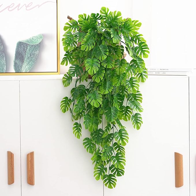 Artificial Hanging Plants 2 Pack, Monstera Leaves Fake Vine Ivy Leaf Green Rattan Greeny Tropical Palm Outdoor UV Resistant Plastic Plants for Bedroom Home Garden Office Wedding Décor
