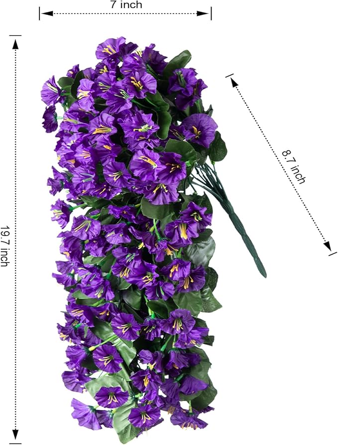 Artificial Faux Hanging Flowers Plants for Outdoor Outside Summer Decoration, 2 PCS Fake Silk Purple Morning Glory Trailing Vines UV Resistant Realistic for Porch Patio Balcony Planter