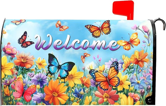 Spring Magnetic Mailbox Cover Yellow Floral Mailbox Cover Magnetic Standard Size 21 X 25.5 Inch Butterfly Flower Welcome Mailbox Post Cover Mailbox Wraps Mailbox Decor for Home Garden Outdoor Yard