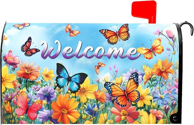 Spring Magnetic Mailbox Cover Yellow Floral Mailbox Cover Magnetic Standard Size 18 X 21 Inch Butterfly Flower Welcome Mailbox Post Cover Mailbox Wraps Mailbox Decor for Home Garden Outdoor Yard