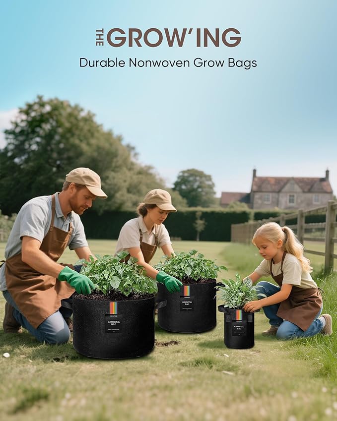 The Growing 5 Pack 15 Gallon Fabric Grow Bags，Thickened Aeration Nonwoven Fabric Plant Pots with Durable Handles,Heavy Duty 300G Planter Pot for Tomato, Fruits, Vegetables and Flowers, Black