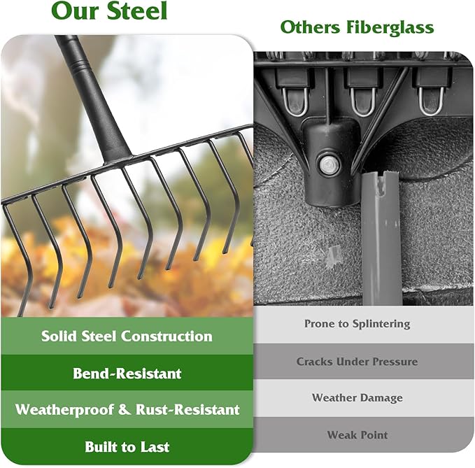 Garden Rake for Leaves, 60 Inch Heavy Duty Rakes for Lawns Yard Mulch Gathering, Metal Thatch with Adjustable Handle, Wide Bow Rake Head for Grass Deribs