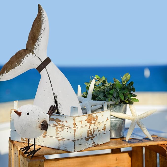 Aecipl Wood Bird Statue Standing Seagull Nautical Decor Coastal Birds Sculpture Indoor Outdoor Animal Figurine Beach Themed Decoration Rustic Home Art for Bedroom Garden (S)