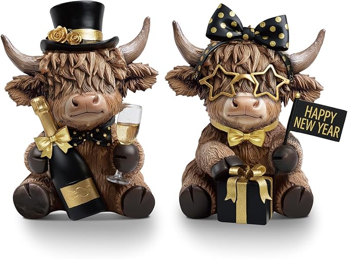 Karenhi 2 Pcs 2025 New Year Highland Cow Figurines, Happy New Year Cow Gnomes with Champagne and Gift Box, Resin Statue Calf Lovers Gifts Cute Yak Home Collectibles for Holiday Decor
