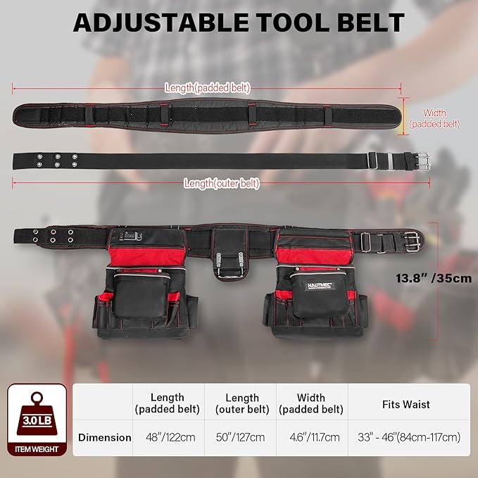 HAUTMEC Professional Tool Belt with Suspenders, 19 Pockets, Heavy-Duty 1680D Work Belt with Adjustable Padded Waist & Shoulder Support, Phone Pouch, Hammer & Tape Holder – HT0400