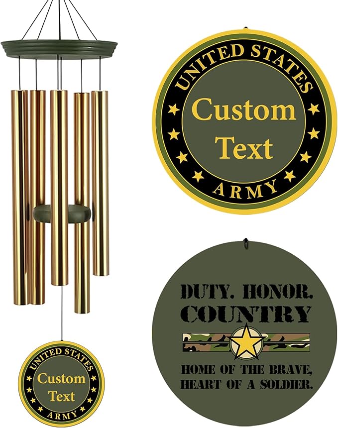 Deep Tone Wind Chimes for Army Soldiers Memory Gifts, Personalized Name/Date/Text Wind Chimes for US Military, Sympathy Gifts for Veteran, Veterans Day Gift(Produced in USA)