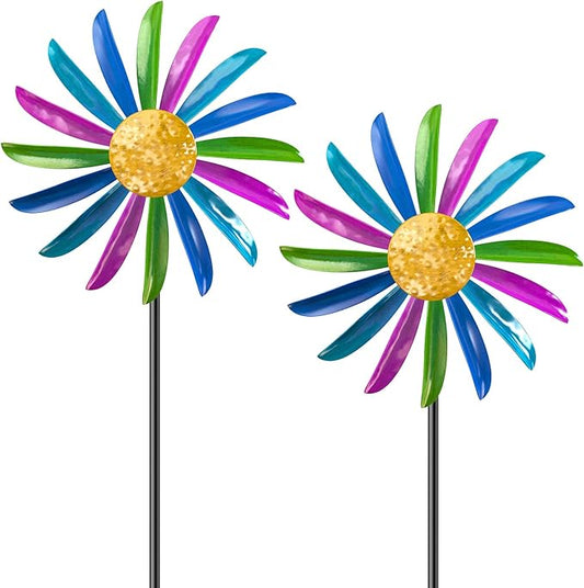 Metal Wind Spinners Outdoor, 360° Wind Sculpture Spinner with Metal Stake, Waterproof Spinners Green Kinetic Wind Spinner for Yard Lawn Decor (B- Colourful 2PC)