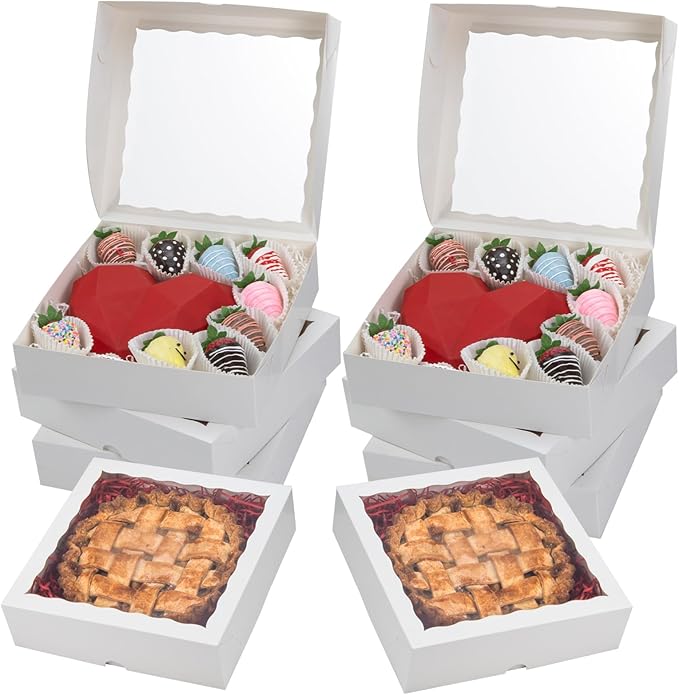 RomanticBaking 50pcs 10x10x2.5 Inches White Bakery Boxes - Pie, Cookies, Chocolate Covered Strawberries & Breakable Heart Boxes for Valentine's & Christmas