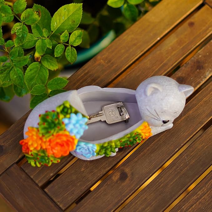 Outdoor Cat Key Hider Statue - Cute Succulent Hide a Key Outdoor Decorative - Small Gift Box for Women, Home Decor & Cat Gifts