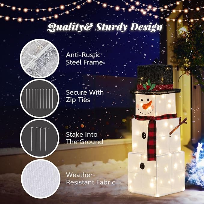VINGLI 3FT Lighted Snowman Christmas Yard Decorations, Prelit Square Gift Box Snowman with 75 Warm White LED Lights & Stakes, Indoor Outdoor Xmas Lawn Garden Front Porch Patio Holiday Decor Display