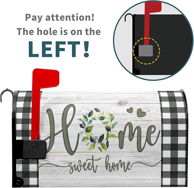 Home Sweet Home Magnetic Mailbox Cover, Spring Leaf Buffalo Plaids Decorative Waterproof Mailbox Wrap Letter Post Cover for Garden Yard Outdoor Outside, 21x18in Standard Size