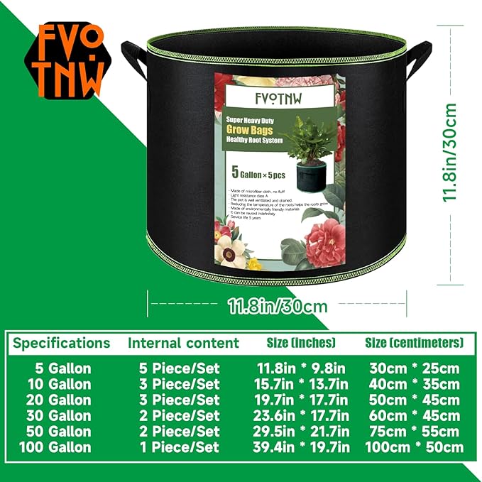 5-Pack 5 Gallon Plant Grow Bags, Thickened Nonwoven Fabric Pots with Handles,Durable Garden Planters Aeration Gardening Container to for Plants, Vegetables, and Flowers