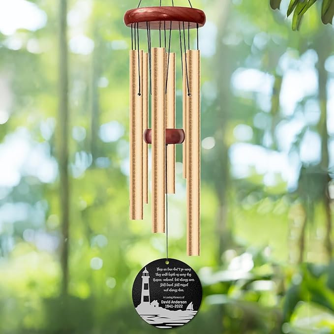Personalized Lighthouse Memorial Wind Chime – “Those We Love Don’t Go Away” Golden Engraved Quote – Custom Name & Years Sympathy Gift – Memorial Windchimes for Loss of Loved One – Ocean Tribute Décor