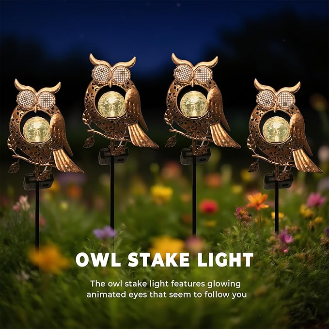 KAIXOXIN LEDs Solar Stake Lights for Garden Metal Warm White, Memorial Gift - Perfect as Remembrance & Sympathy Gifts (Angel-Bronze) (Owl)