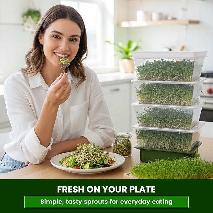 ZESTIGREENS 4-Tier Sprouting Kit with Drain Spout – Stackable Seed Sprouter Trays for Growing Fresh Sprouts at Home – BPA-Free, Easy Rinse & Drain System