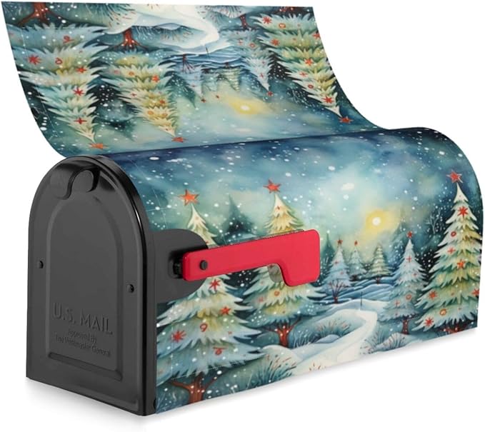 Festive Magnetic Mailbox Cover Christmas Forest Pattern Outdoor Mailbox Protector Holiday Seasonal Decorative Garden Yard Home Standard Size 21 x 18 Inch