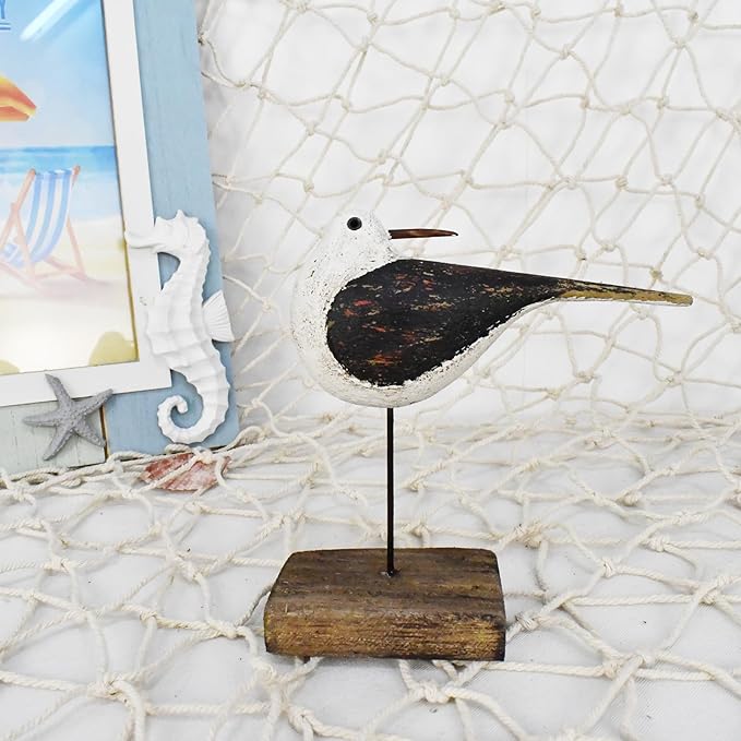 Aecipl Wooden Sea Bird Statue Seagull On Stand Decor Nautical Coastal Birds Sculpture Indoor Outdoor Animal Figurine Beach Themed Decoration Rustic Home Art for Bedroom Garden (H)