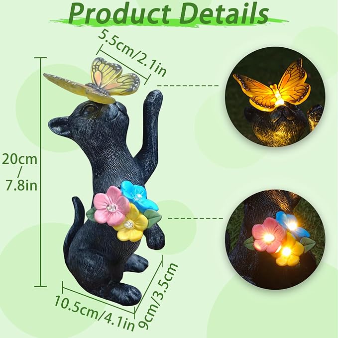 Solar Cat Garden Statue Outdoor Decor - Resin Cat Butterfly Statues for Outside Waterproof, Animal Figurines for Patio Balcony Yard Art Lawn Ornaments, Unique Birthday Gifts for Mom /Women/Grandma