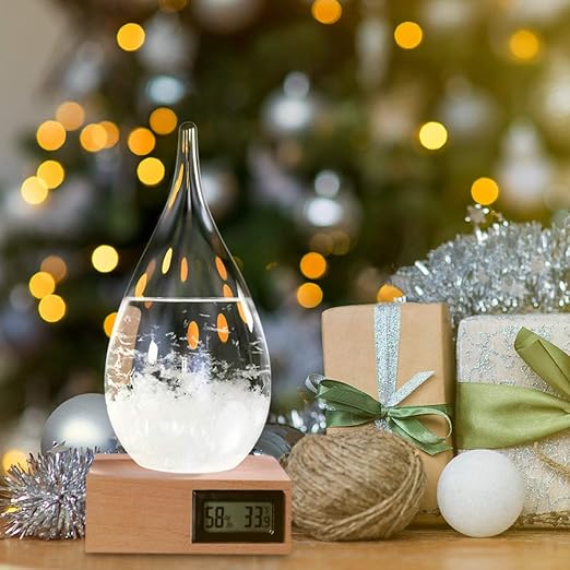 Storm Glass Weather Predictor, Glass Sphere with Wood Base, Christmas Decoration Snow Globe, Storm Glass Weather Forecast Weather Station