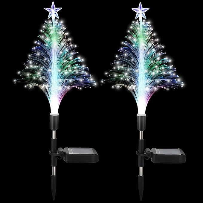 Baquler 2 Pcs Solar Christmas Tree Garden Stake Lights Outdoor Christmas Tree Yard Decorations Multicolor LED Solar Stakes for Pathway Lawn Patio Xmas Ornament(Colorful)