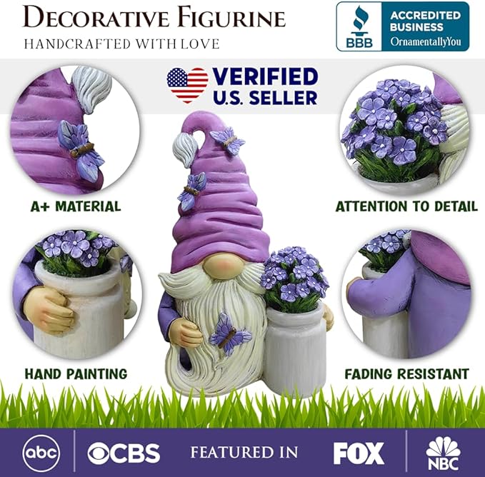 OrnamentallyYou Garden Grace Lavender Gnome Figurine, 10" Purple Home Decor Statue with Butterflies and Flowers