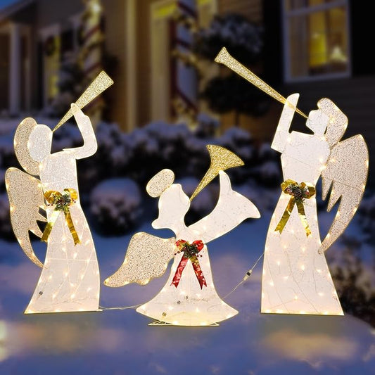 Outdoor Christmas Angel Decoration Christmas Lighted 3 Angels Playing Trumpet with Holly Berries Decoration for Xmas Home Pathway Lawn Party Display