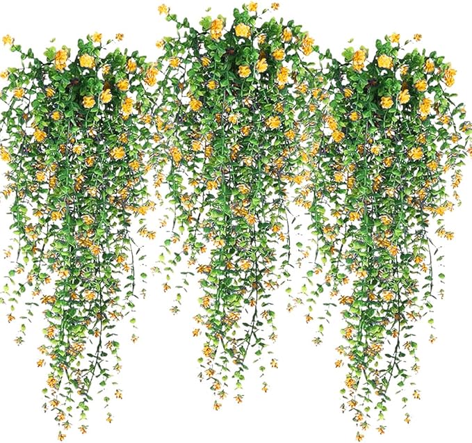 Artificial Hanging Flowers, 3 Pcs Fake Hanging Plants Decor, Artificial Vines for Outdoors, UV Resistant No Fade Artificial Plants Suitable for Indoor Decoration Outdoor Porch Courtyard (Yellow)