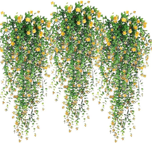 Artificial Hanging Flowers, 3 Pcs Fake Hanging Plants Decor, Artificial Vines for Outdoors, UV Resistant No Fade Artificial Plants Suitable for Indoor Decoration Outdoor Porch Courtyard (Yellow)