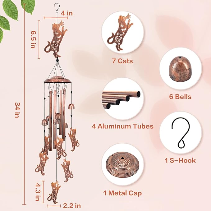 Cat Wind Chimes for Outside,Cat Gifts for Women Men/Memorial Gifts/Birthday Gift/House Warming Gift Metal windchimes Outdoors/Indoors,Garden Decor,Patio,Home,Porch,Yard Decor