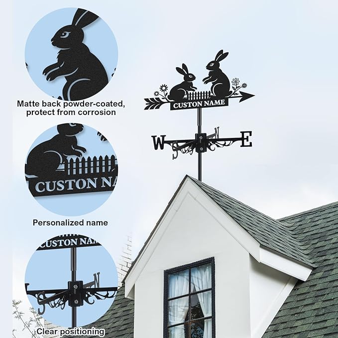 Personalized Rabbits Metal Weather Vane, Custom Family Name Weathervane, Wind Direction Indicator, Weather Vanes Roof Mount, Wind Vane Outdoor Decor for Farmhouse Garden Patio, Housewarming Gifts