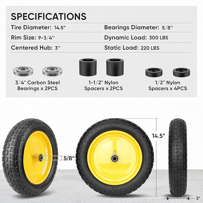 TICONN 4.80/4.00-8 Tire, 14.5" Flat Free Wheelbarrow Tire and Wheel, Solid Replacement Tires, 5/8" 3/4" Bearings, Universal Fit 4.80/4.00-8, 3.50/3.00-8, 4.00-6 (14.5" Yellow, 2PK)