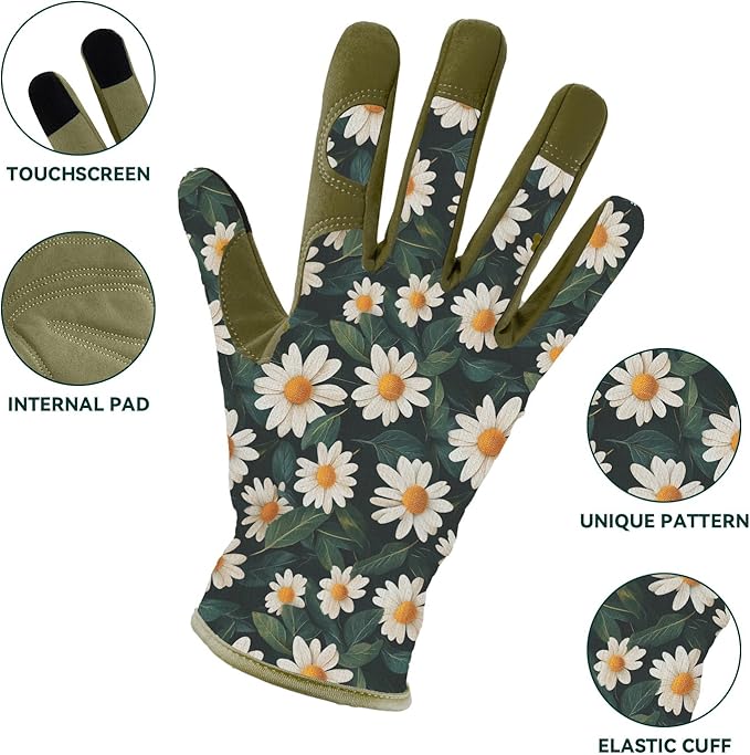 Gardening Gloves for Women, Printed Touchscreen Garden Gloves with Grip, Thorn-Proof Puncture-Resistant Work Gloves