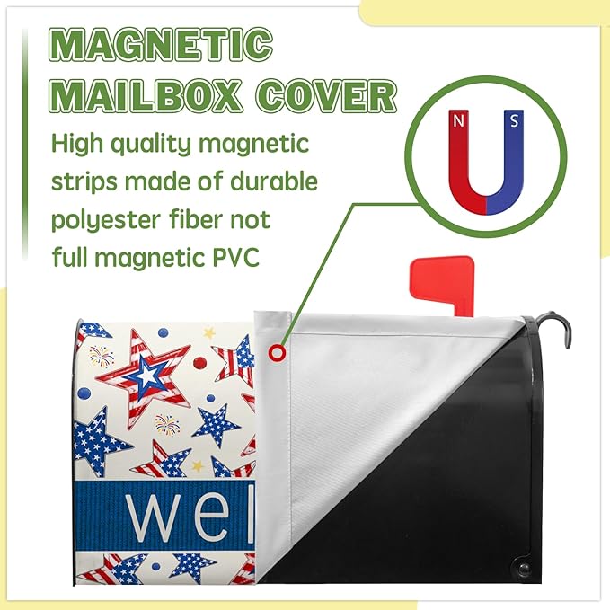 Welcome Star Mailbox Magnetic Covers 4th of July Mailbox Cover Patriotic Post Letter Box Cover Wrap Fourth of July Mail Box Decorations for Outside Garden Standard Size 21x18 in
