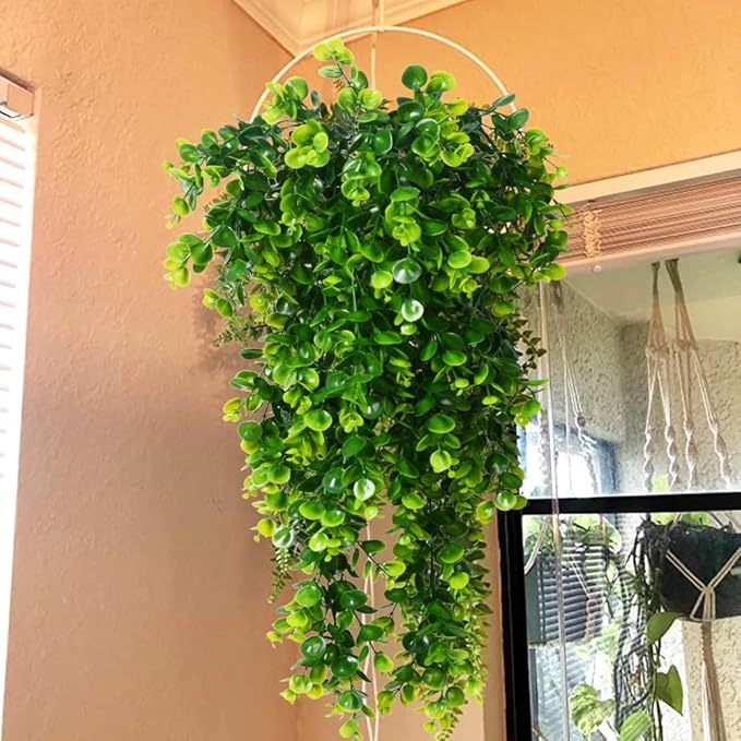 2pcs Artificial Hanging Plants Fake Hanging Plant Faux Eucalyptus Leaf Greenery Vine Outdoor UV Resistant Plastic Plants (2, Green)
