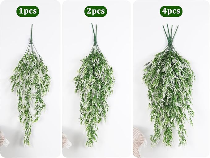 RECUTMS Artificial Ferns Hanging Baskets Lights Outside Lavender Real Plant in Basket Synthetic Plants 4pcs (White)