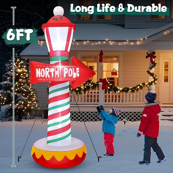 FunFanso 6FT Christmas Inflatables North Pole Road Sign Outdoor Decoration, Blow Up Street Lamp with Built-in LED Lights, Santa Claus Arctic Road Sign for Holiday Display Lawn Garden Yard Xmas Decor