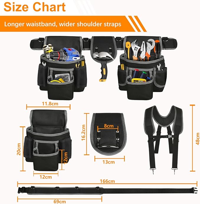 Tool Belt with Suspenders, Professional Tool Belt for Men, 18-Pocket Adjustable Heavy Duty Tool Organizer for Electrician, Carpenter, Framer, Construction Worker, Black & Blue (32''–66'')