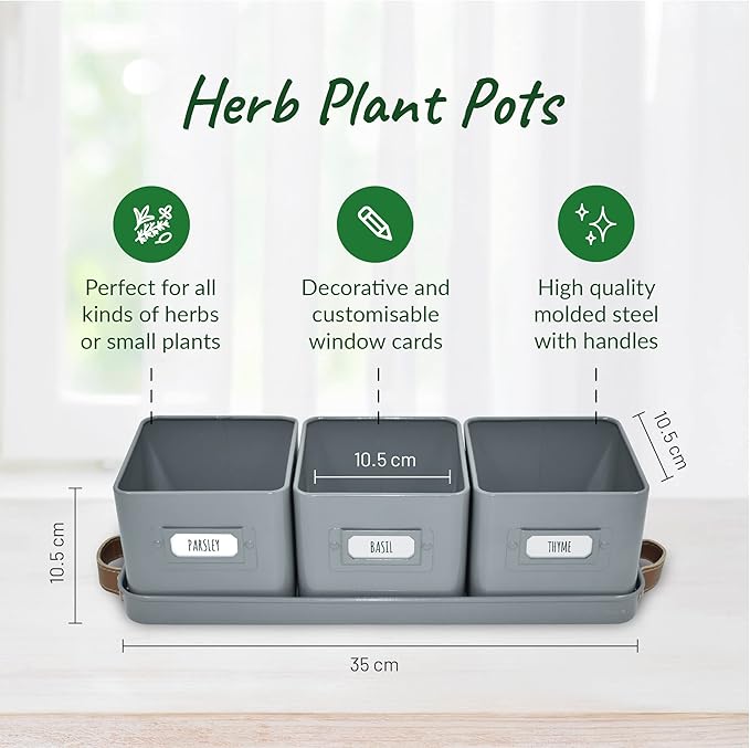 volila Herb Planter Indoor - Set of 3 Grey Indoor Herb Garden Pots for Plants with Leather Handled Tray - Window Sill Plant Shelf - Herb Pots with Drainage Holes and Labels