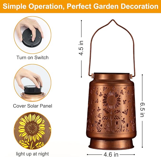 Solar Lantern Outdoor Hanging Waterproof Outside Metal Openwork Hummingbird Pattern Birthday Gifts for Women Mom Landscape Lights for Porch Garden Yard Patio Pathway Decor(Sunflower + Bee)