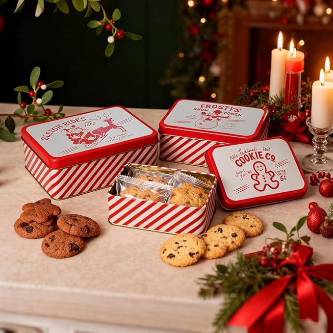 Christmas Cookie Tin Set of 3 Decorative Metal Storage Tin Boxes with Lids for Home Decor Memory Boxes for Keepsakes and Photos(GreyRed)