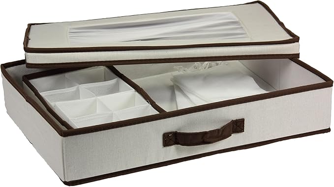 Household Essentials Natural 545 Vision Box with Lid and Handles | Tabletop Linen Storage Set Canvas with Brown Trim