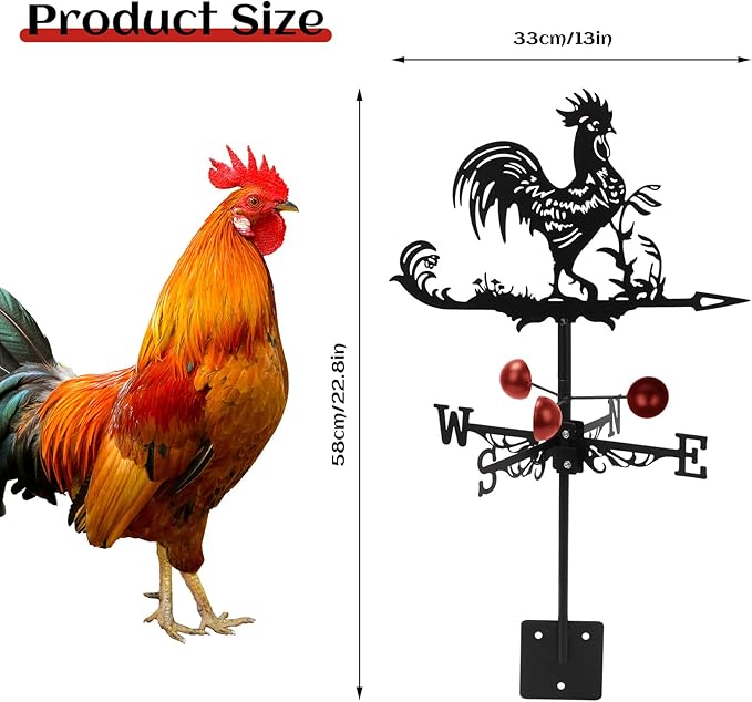 Rooster Weathervane Roof Mount, Rust-Resistant & Durable Metal Wind Direction Indicators, Decor Weather Vane for Yard, Outside, Garden, Shed, Farmhouse & Chicken Coop (Rooster)